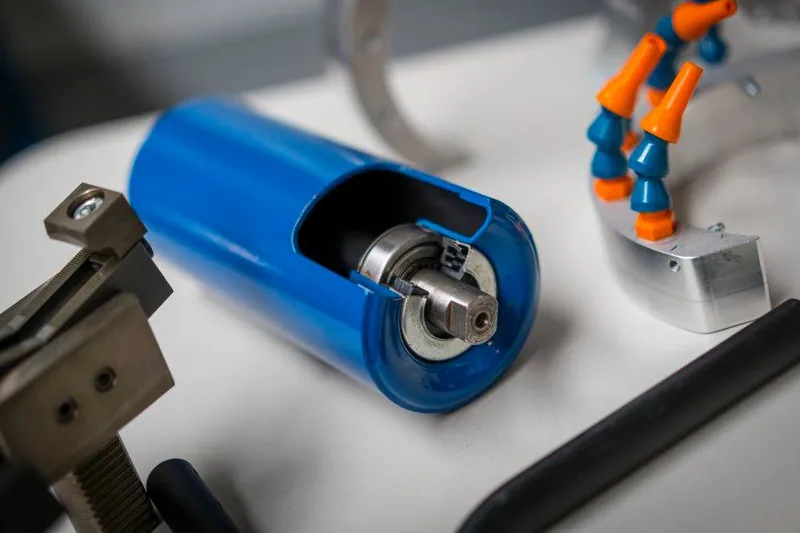 Aufgeschnittene blau beschichtete Förderrolle mit Lager